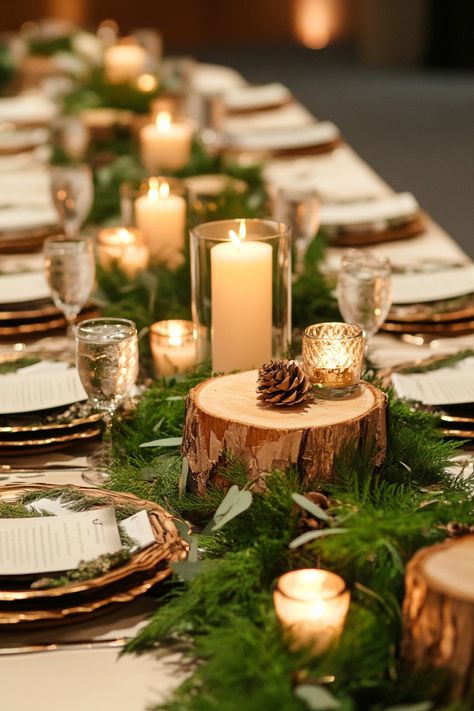 Step into the forest with 52 centerpiece designs inspired by the outdoors. These ideas pair organic textures with romantic touches like floral wreaths and glowing candles. Your woodland wedding will feel like a dream come true. See them now! #rusticchic #weddingtrends #forestthemed November Forest Wedding, Wedding Wood Table Decorations, Forest Themed Wedding Reception, Woodsy Wedding Table Setting, Acorn Wedding Decor, Forest Wedding Place Setting, Pine Needle Wedding Decor, Rustic Wedding Candles, National Park Inspired Wedding