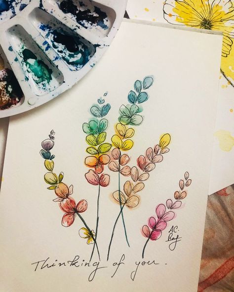 Watercolor Art For Beginners Inspiration, Simple Cute Watercolor Drawings, Flower Drawing With Quote, Watercolor Painting With Quotes, Watercolor With Quotes, Watercolour Outline Drawings, Watercolor And Ink Art For Beginners, Doodle Watercolor Flowers, Happy Watercolor Paintings