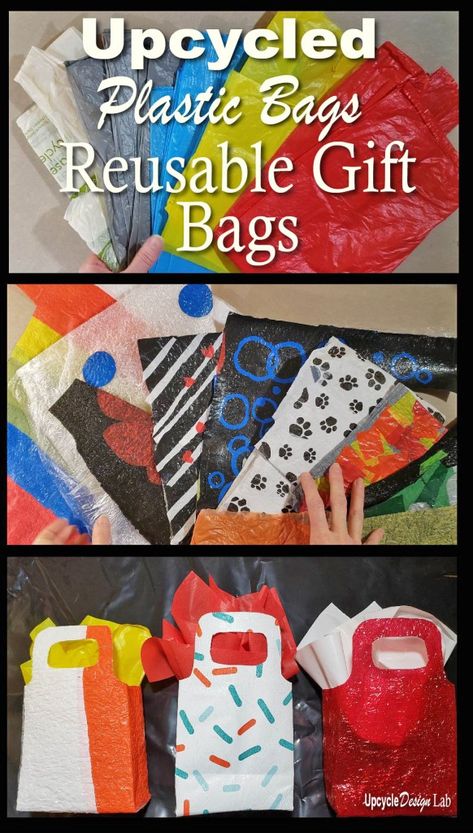 Fused Plastic Bag Crafts, Upcycle Plastic Bags, Plastic Bag Art, Plastic Fusing, Diy Recycle Plastic, Gift Wrap Diy, Upcycle Paper, Reusable Wrapping, Plastic Bag Crafts