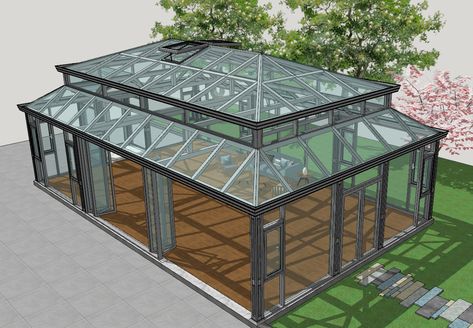 Modern Greenhouse Design, Architectural Greenhouse, Greenhouse Floor Plan, Glass Greenhouse Attached To House, Winter Garden Architecture, Modern Orangery, New Apartment Decorating, Greenhouse Attached To House, Glass House Garden