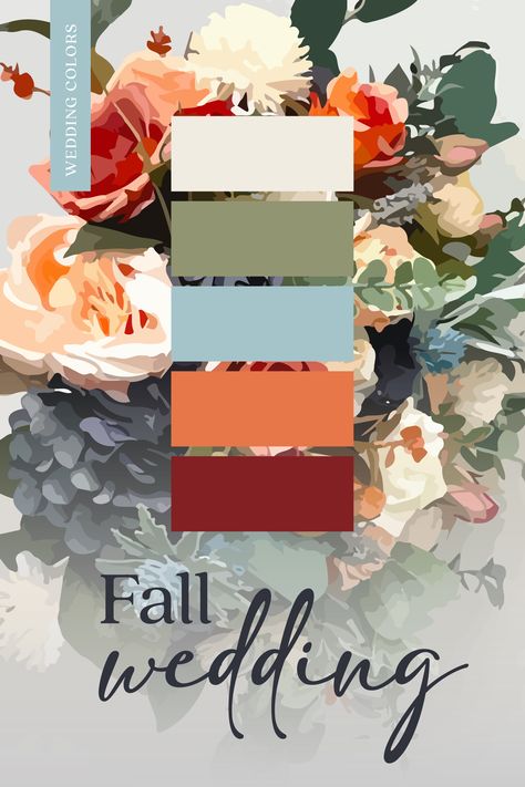 Add blue to your fall wedding color palette! 💙 Custom create your wedding ivitations with your personal graphic designer and incorporate your wedding colors! Fall Wedding Beach Colors, Muted Fall Wedding Colors, Wedding Color Palette With Blue, Summer/fall Wedding Colors, Fall Beach Wedding Colors October, November Wedding Palette, Fall Blue Color Palette, Dusty Blue Fall Wedding Color Palettes, Blue October Wedding