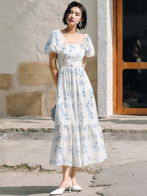 Formal Dress Puffy Sleeves, Floral Dress Puffy Sleeves, Casual Long Dress Outfit Summer, Cute Puffy Dresses, Vestidos Cottagecore, Puffy Long Dress, Bday Dresses For Women, Puff Long Dress, Dresses With Puffy Sleeves