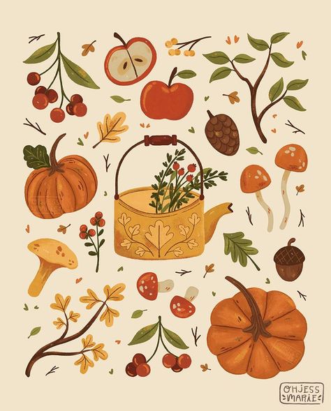 Cozy autumn illustration featuring pumpkins, mushrooms, berries, leaves, and a tea kettle, available on high quality art prints. Botanical Elements, Autumn Illustration, Dibujos Cute, Autumn Cozy, Autumn Aesthetic, Autumn Art, Fall Wallpaper, Tea Kettle, Bullet Journaling