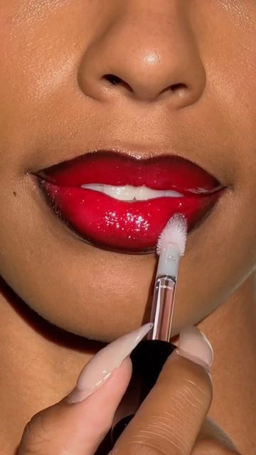 Red Lipstick Black Lipliner, Red Lip Gloss Black Women, Red Lip Liner Look, Black Lip Liner With Red Lipstick, Red Lipstick Black Liner, Black Lipliner With Red Lipstick, Black Lined Red Lips, Cherry Cola Lips Black Women, Red Lipgloss On Black Women