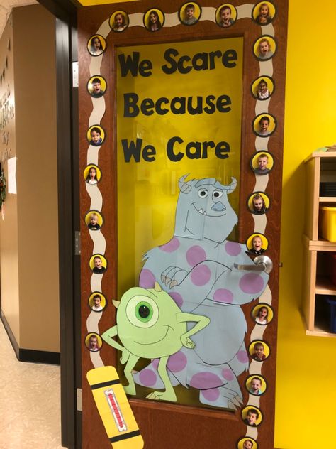 Halloween Theme Classroom Decorations, Funny Halloween Classroom Door, Halloween Classroom Theme Ideas, Addams Family Classroom Door, Pediatric Office Halloween Decorations, Halloween Window Decorations Classroom, Halloween Movie Door Decorations, Halloween Door Decorations Hospital, Disney Halloween Classroom Door Ideas