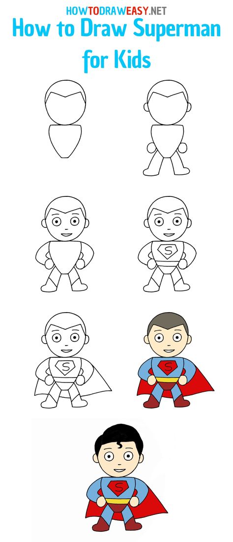 How to Draw Superman for Kids Step by Step #Superman #DrawingTutorials #HowtoDrawforKids #JusticeLeague #DC #ComicBook #SuperHeroes #Chibi Easy To Draw Superhero, Superhero Simple Drawing, Step By Step Superhero Drawing, How To Draw Superman Step By Step, Superhero Drawings Easy For Kids, Superhero Easy Drawing, Cartoon Superheroes Drawing Easy, How To Draw Superhero, How To Draw A Superhero