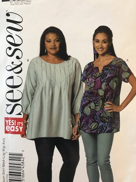 Butterick See & Sew 6117 Sewing Pattern Smock Top with short or long sleeves all sizes - Extra small to XXL Uncut pattern Sewing Top Pattern, Easy Sew Top, Tunic Tops Pattern, Fitted Tunic Tops, Sewing Templates, Plus Size Sewing, Butterick Pattern, Butterick Sewing Pattern, Smock Top