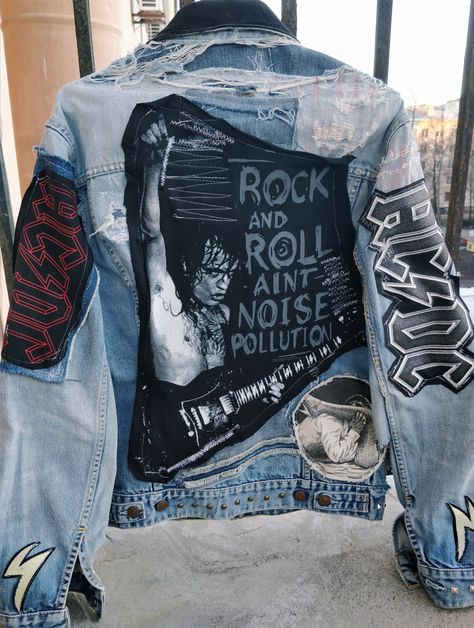 Custom punk rock clothing by ncbastards.com Distressed ac/dc denim vintage jacket Haute Couture, Acdc Songs, Jacket Closet, Ropa Punk Rock, Rock Jacket, Customised Denim Jacket, Jaket Denim, Customised Clothes, Punk Rock Outfits