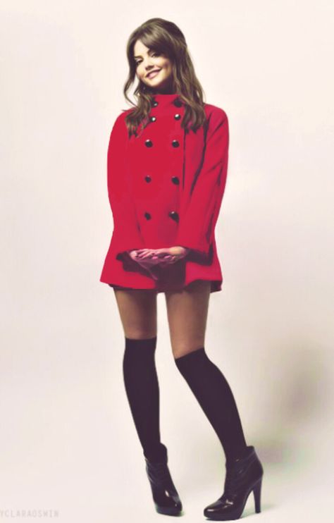 25 Days of Jenna - (Day 3) - Jenna wearing red The Lady in Red - The third day of my “25 Days of Jenna” series continues with a... Jenna Louise Coleman Style, Jenna Coleman Fashion, Clara Oswald Outfits, Clara Oswald Clothes, Colorful Tights Outfit, Red White Outfit, Celebs Outfits, Jenna Coleman Style, Gamine Style