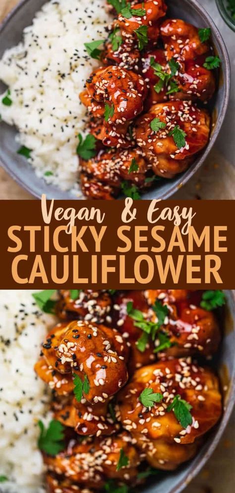 Baked Crispy Cauliflower, Main Course Vegetable Recipes, Vegan Main Course Recipes, Vegan 3 Course Dinner, Califlower Recipes Snacks, Vegan 3 Course Meal, Appetizer Vegan, Sesame Cauliflower, Easy Main Course Recipes