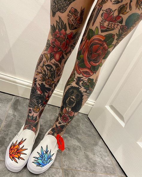 Unique Colorful Tattoos For Women, Colour Leg Sleeve Tattoo, Thigh Tattoos Color, Leg Tattoos Color, Color Leg Tattoos, Side Of Leg Tattoo, Dog Flower Tattoo, Traditional Dog Tattoo, Leg Flower Tattoo