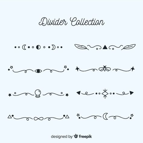 Hand drawn ornament divider collection | Free Vector #Freepik #freevector #frame #border #hand #ornament Decorative Corners Drawing, Page Dividers Design, Bujo Grimoire, Bullet Journal Dividers, Journal Illustration, Arrow Doodle, Doodling Tutorial, Hand Drawn Border, Memo Notes