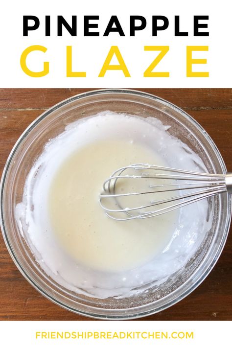 This pineapple glaze is bright and flavorful with a hint of tropical sweetness. via @fbkitchen Pineapple Sauce For Cake, Fresh Fruit Glaze Recipe, Jelly Glaze For Cake, Pineapple Icing For Cake, Pineapple Cake Icing Recipe, Pineapple Cake Icing, Pineapple Glaze For Cake, Fast Deserts, Pineapple Juice Glaze For Cake