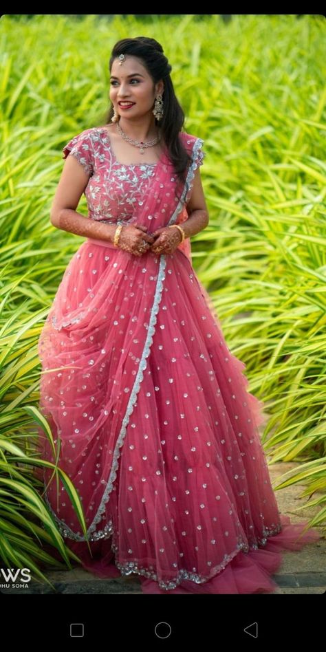 Netted Half Saree Designs, Net Half Saree Designs, Pink Half Sarees, Frock Models, Frock Designs, Lehenga Saree Design, Long Frock Designs, Half Saree Lehenga, Long Gown Design