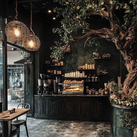 Cozy Cafe Ideas Interior Design, Gothic Store Interior, Dark Green Cafe Aesthetic, Apothecary Cafe Coffee Shop, Moody Shop Interior, Dark Bookstore Aesthetic, Witch Cafe Coffee Shop, Library And Coffee Shop, Witchy Cafe Aesthetic