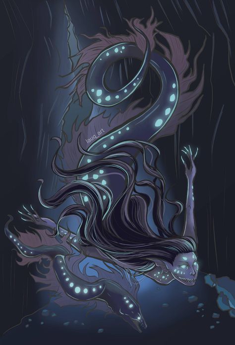 Deep sea mermaid I drew in Clip Studio Paint - Imgur Tumblr, Deep Sea Merfolk, Deep Sea Mermaid Art, Deep Sea Character Design, Anglerfish Mermaid, Bioluminescent Mermaid, Deep Sea Creatures Art, Eel Mermaid, Deep Sea Siren