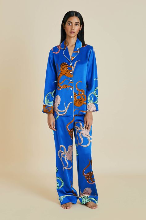 Olivia von Halle | The Lila Azzuro | Silk Satin Octopus Printed Luxury Pajama Set Luxury Pajamas, Olivia Von Halle, Octopus Print, Luxury Loungewear, Dressing Gowns, Loungewear Luxury, The Last Word, Satin Pyjama Set, Satin Pajamas