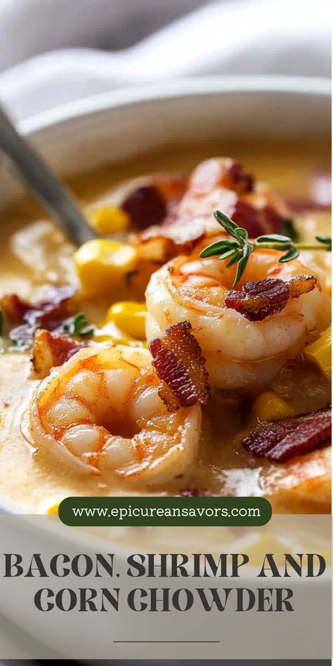 This Bacon, Shrimp, and Corn Chowder is creamy, hearty, and packed with smoky, sweet, and savory flavors. A quick and easy soup recipe that’s perfect for cozy dinners! Shrimp And Corn Chowder, Shrimp Corn Chowder, Bacon Shrimp, Shrimp And Corn, Shrimp Corn, Easy Soup Recipe, Quick And Easy Soup, Cozy Dinners, Juicy Shrimp