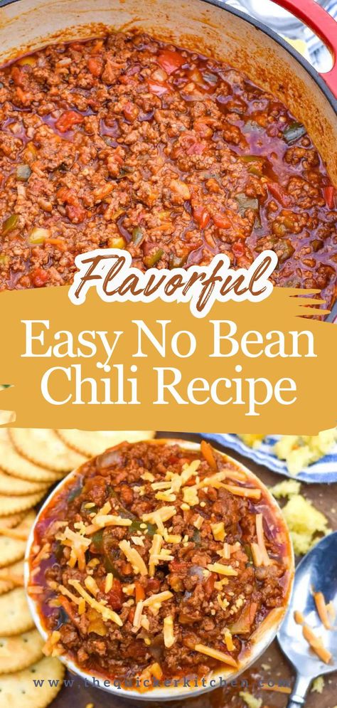 Homemade No Bean Chili Recipe, Easy No Bean Chili Recipes, Best No Bean Chili Recipe Award Winning, Homemade Chili No Beans Recipe, Chili Recipe No Kidney Beans, Best Chili No Beans Recipe, Easy Thick Chili Recipe, Chilli Recipe Crockpot No Beans, Chili Recipe Easy No Beans