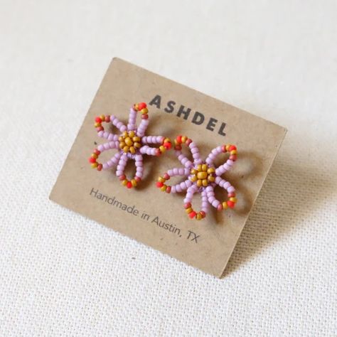 Beaded Flower Studs Red Yellow Blue Maroon Textile Fabric Stud Earrings – Ashdel Diy Earrings Fabric, Beaded Earrings Studs, Seed Bead Earring Patterns, Sewn Jewelry, Seed Bead Charms, Diy Beaded Jewelry, Curry Yellow, Beaded Flower Earrings, Japanese Braiding