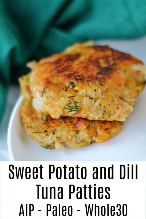 Sweet Potato and Dill Tuna Patties (AIP/Paleo/Whole30) * Lichen Paleo, Loving AIP Egg Free Tuna Patties, Tuna And Sweet Potato Patties, Aip Tuna Patties, Easy Pescatarian Lunches, Sweet Potato Tuna Patties, Paleo Tuna Recipe, Quick Gut Healthy Meals, Aip Avocado Recipes, Aip Tuna Recipes