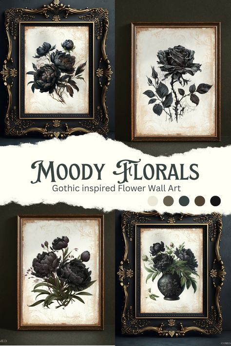 Gothic Victorian Wall Decor, Goth Prints For Wall, Gothic Floral Art, Gothic Moody Bedroom, Black And White Aesthetic Wall Art, Witchy Wall Art Diy, Gothic Picture Wall, Goth Aesthetic Home Decor, Diy Dark Decor