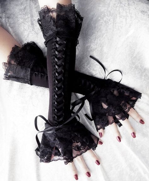 Items similar to Cities in Soot Corset Arm Warmers Laced Up | Black Ribbon & Ruffled Lace | Steampunk Gloves Victorian Bridal Pirate Dark Rococo Gothic Goth on Etsy Steampunk Gloves, Goth Wedding, Romantic Goth, Lace Cuffs, Lace Gloves, Gothic Outfits, Goth Outfits, Corset Style, Black Ribbon