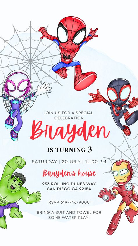 Spidey Party Invitation, Spiderman Bday Party Ideas, Spider Man 2nd Birthday Party Ideas, Spidey 3rd Birthday Party, Spiderman 3rd Birthday Party, Spiderman 3rd Birthday, 4 Year Birthday Party Ideas Boy, Spider Man Party Ideas, Spiderman Birthday Ideas