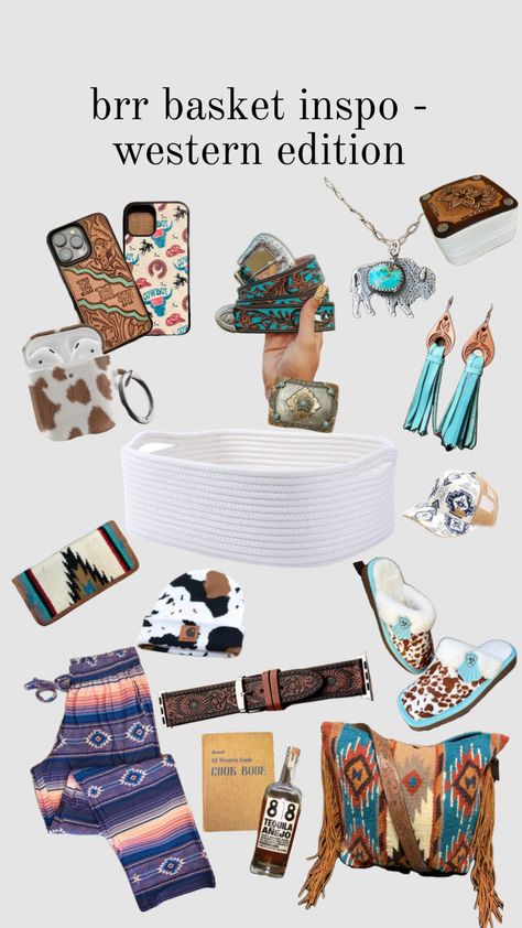 been seeing lots of brr basket ideas & inspo, but none for my western girlies! should I make one for each type of girly?! #brrbasketinspo #brbasket #brbasketinspo #music #vintage #fyp #gift #christmas Western Gift Basket, Western Gifts, Western Christmas, Basket Ideas, Southern Charm, Gift Christmas, Sweet 16, Gift Baskets, Christmas Gifts