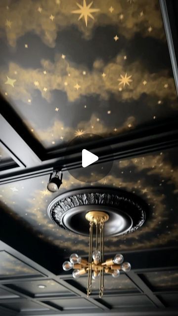 Curiosa on Instagram: "Transforming our upstairs ceiling into a magical celestial haven ✨  Watch as the stars start to come alive in The Curiosa Common Room! 💫  #ceiling #paintedceiling #star #celestialceiling #curiosasociety #extraordinarythings #goldleaf #interiordesign #ceilingdesign #DIY" Black Star Ceiling, Painted Night Sky Ceiling, Celestial Dining Room, Painted Star Ceiling, Starry Ceiling Bedroom, Star Ceiling Bedroom, Sunset Ceiling, Constellation Ceiling, Night Sky Ceiling