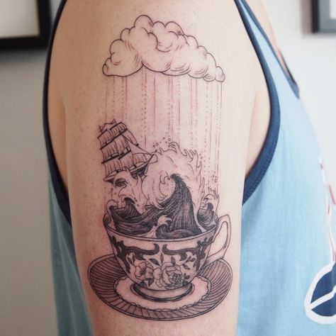 Family Disappointment, Rain Tattoo, Teacup Tattoo, Mother Tattoos For Children, Storm Tattoo, Alchemy Tattoo, Storm In A Teacup, Traditional Tattoo Inspiration, Cup Tattoo