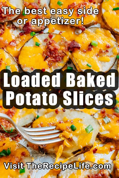 A fork piercing a tender loaded baked potato slice. Sliced Loaded Potatoes, Loaded Baked Potato Chips, Loaded Sliced Baked Potatoes, Loaded Baked Potato Rounds, Sliced Potatoes With Cheese And Bacon, Baked Potato Slices Recipes, Potato Skin Slices, Twice Baked Potatoe Skins, Cheesy Baked Potato Rounds