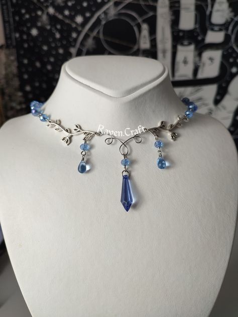 Blue Elven Necklace, Stainless Steel Floral Jewelry, Shiny Crystal Choker, Teardrop Beaded Necklace, Fairycore Handmade Gift. - Etsy Canada Diy Fantasy Jewelry, Medieval Jewelry Necklaces, Raven Craft, Fantasy Jewelry Necklace, Jewelry Ideas Diy, Blue Jewlery, Fantasy Jewelry Magic, Fairytale Jewelry, Elven Necklace