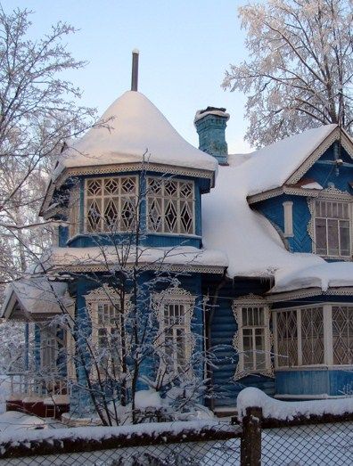 Russian wooden dacha (a kind of a holiday house) in winter. #Russian #wooden… Russian House Exterior, Old Russian House, Russian Dacha, Russian Home, Russian Houses, House In Winter, Russian House, Wooden Architecture, Russian Architecture