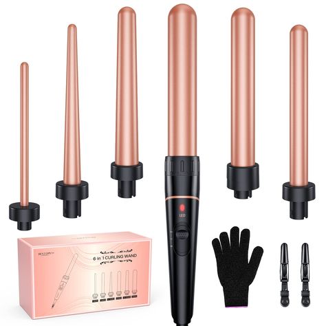 Long Barrel Wand Curling Iron - BESTOPE PRO 6 in 1 Curling Wand Set with Ceramic Barrel for Long Hair, 0.35"-1.25" Interchangeable Curling Iron Wand, Dual Voltage Wand Curler, Include Glove & Clips Long Barrel Curling Iron, Hair Curler Wand, Wand Curler, Wand Curling Iron, Curling Wand Set, Wand Hairstyles, Curling Hair With Wand, Barrel Curling Iron, Barrel Curls