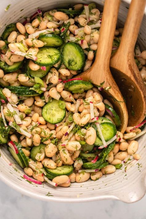 This Dilly White Bean & Cucumber Salad is crunchy, creamy, and packed with zingy, fresh flavor. The perfect vegan & gluten-free dish for a picnic! Warm Weather Recipes, Perfect Salad Recipe, White Bean Salad, Gluten Free Dishes, White Bean, Bean Salad, Cucumber Salad, Bean Recipes, Hearty Meals