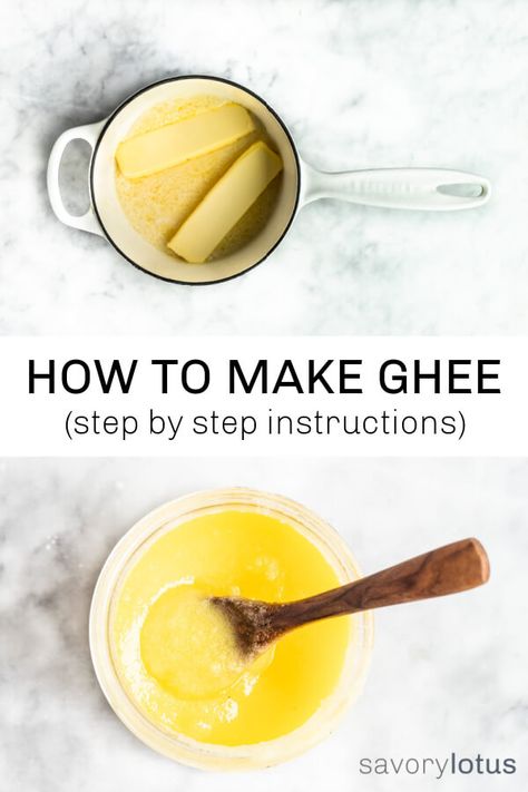 How to make ghee at home in just a few easy steps. Golden + delicious. So much cheaper than store-bought. Easy step by step directions. #ghee #butter #howtomakeghee #healthyfats #keto #ketofats #savorylotus Make Ghee At Home, Ghee Recipe, Making Ghee, Homemade Pantry, Organic Butter, Fat Soluble Vitamins, India Food, Grass Fed Butter, Clarified Butter