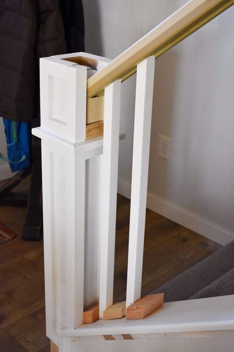 Resurfacing Interior Doors, Diy Stair Post Makeover, Stair Posts Banisters, Stairway Remodel Staircase Makeover, Stair Post Makeover, Diy Newel Post Makeover, Redoing Stair Railing Banisters, Banisters And Railings Makeover, Stair Banister Ideas