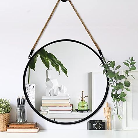 Mirror Black Frame, Round Hanging Mirror, Decorative Bathroom Mirrors, Dresser In Living Room, Mirror Farmhouse, Mirror Circle, Farmhouse Wall Mirrors, Black Mirror Frame, Mirror For Bathroom