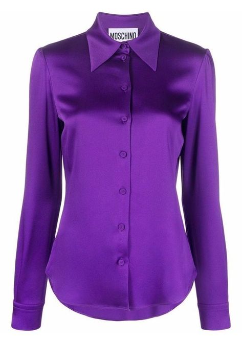 Violet Shirt Outfit, Dark Purple Blouse, Luxurious City, Glasses Outfit, Satin Button Up, Sabrina Spellman, Satin Long Sleeve, Formal Shirt, Flat Collar