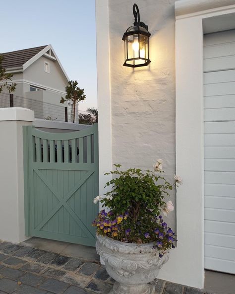 Beach House Gate Entrance, Side Of House Gate, Sage Garden Fence, Garden Gate Colours, Sage Green Garden Fence, Front Garden Gate, Painted Garden Gate, House Side Gate, Sage Green Fence