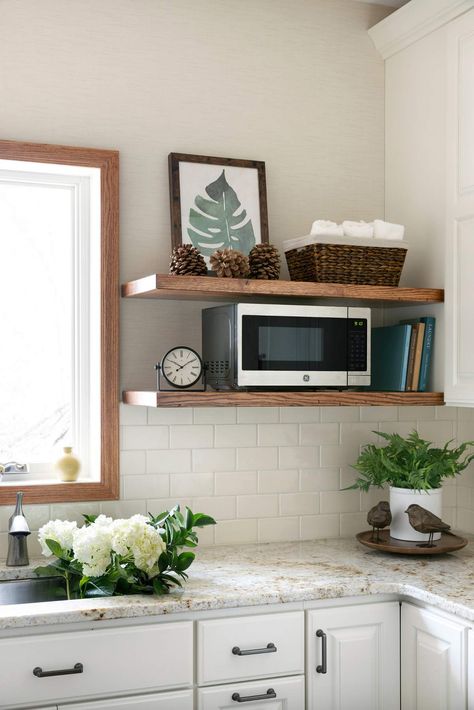 microwave on timber floating shelf in country style kitchen Wooden Shelves In Kitchen, Microwave On Floating Shelf, Kitchens With Microwave Above Stove, Microwave On Shelf In Kitchen, Floating Microwave Shelf, Microwave Ideas In Kitchen Spaces, Shelf Under Cabinets In Kitchen, Microwave On Shelf, Microwave Location Ideas