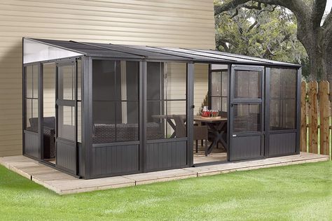 Amazon.com : Sojag Outdoor 10' x 16' Charleston Solarium Wall-Mounted Sunroom with Mosquito Nets, Dark Grey : Garden & Outdoor Rectangle Gazebo, Sunroom Kits, Dark Grey Walls, Patio Pergola, Patio Enclosures, Enclosed Patio, Pergola Design, Brick Exterior House, Screened In Patio