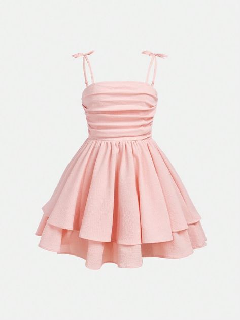 SHEIN Teen Girl Woven Solid Color Bubble Ruched Double Layered Hem Swing Cami Dress | SHEIN USA Hoco Dresses 6th Grade, Cute Light Pink Dress, Casual Teen Dresses, Semi Formal Dresses Pink, Hoco Dresses 9th Grade, Light Pink Quinceanera Dresses Damas, 5th Grade Dance Dresses, Cute Dresses For Teens Aesthetic, Clothes 12-13