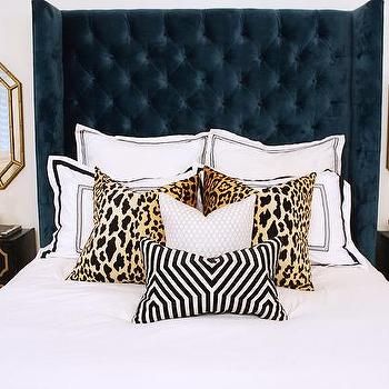 Navy Blue Wingback Bed with Leopard Pillows … Chic Bedroom Design, White Bedroom Design, Leopard Pillows, Bedroom Bliss, Tufted Headboard, Chic Bedroom, White Bedroom, White Bedding, Beautiful Bedrooms