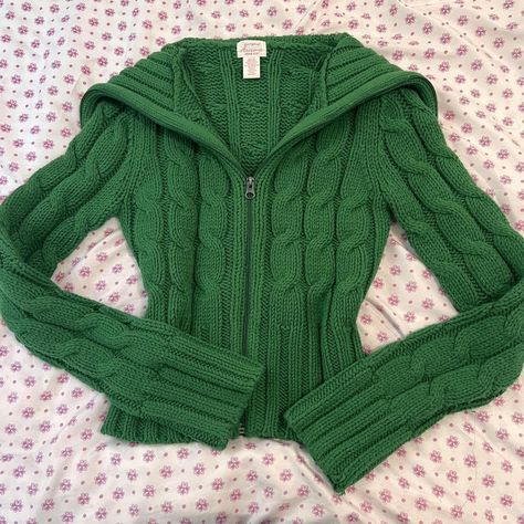 Y2k cable knit sweater S/M Zip... - Depop Knitted Zip Up Sweater, Y2k Knit, Green Outfits, Y2k Sweater, Y2k Jacket, Bella Swan, Cute Jackets, Green Outfit, Photo Outfit