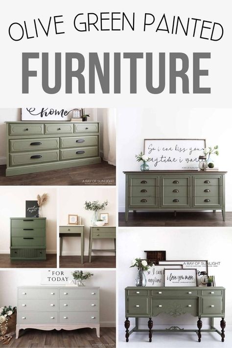 collage of olive green painted furniture ideas Olive Green Painted Furniture, Olive Green Furniture, Sage Green Furniture, Olive Green Paints, Retro Side Table, Painted Furniture Ideas, Green Painted Furniture, Painting Laminate Furniture, Painted China Cabinets