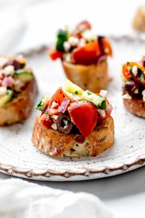 Mediterranean Bruschetta with Feta - Haute & Healthy Living Bruschetta With Feta, Mediterranean Bruschetta, Greek Bruschetta, Healthy Holiday Appetizers, Greek Cucumber Salad, Homemade Pita Chips, Mediterranean Chickpea Salad, Spend With Pennies, Greek Flavors