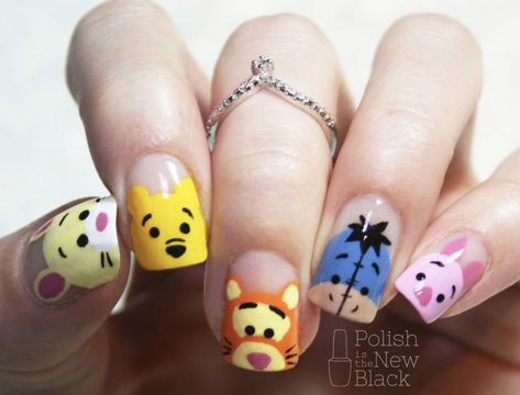 Short Winnie The Pooh Nails, Short Nail Designs Disney, Character Nail Designs, Cute Cartoon Nails, Winnie The Pooh Nails, Pooh Nails, Disney Manicure, Disneyland Nails, Monster Nails