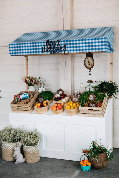 A Very Special Farmer's Market Baby Shower | Jillian Harris Design Inc. Farmers Market Birthday Party, Farmers Market Party, Farmers Market Stand, Farmers Market Display, Vegetable Stand, Produce Stand, Market Booth, Market Stands, Fruit Stand